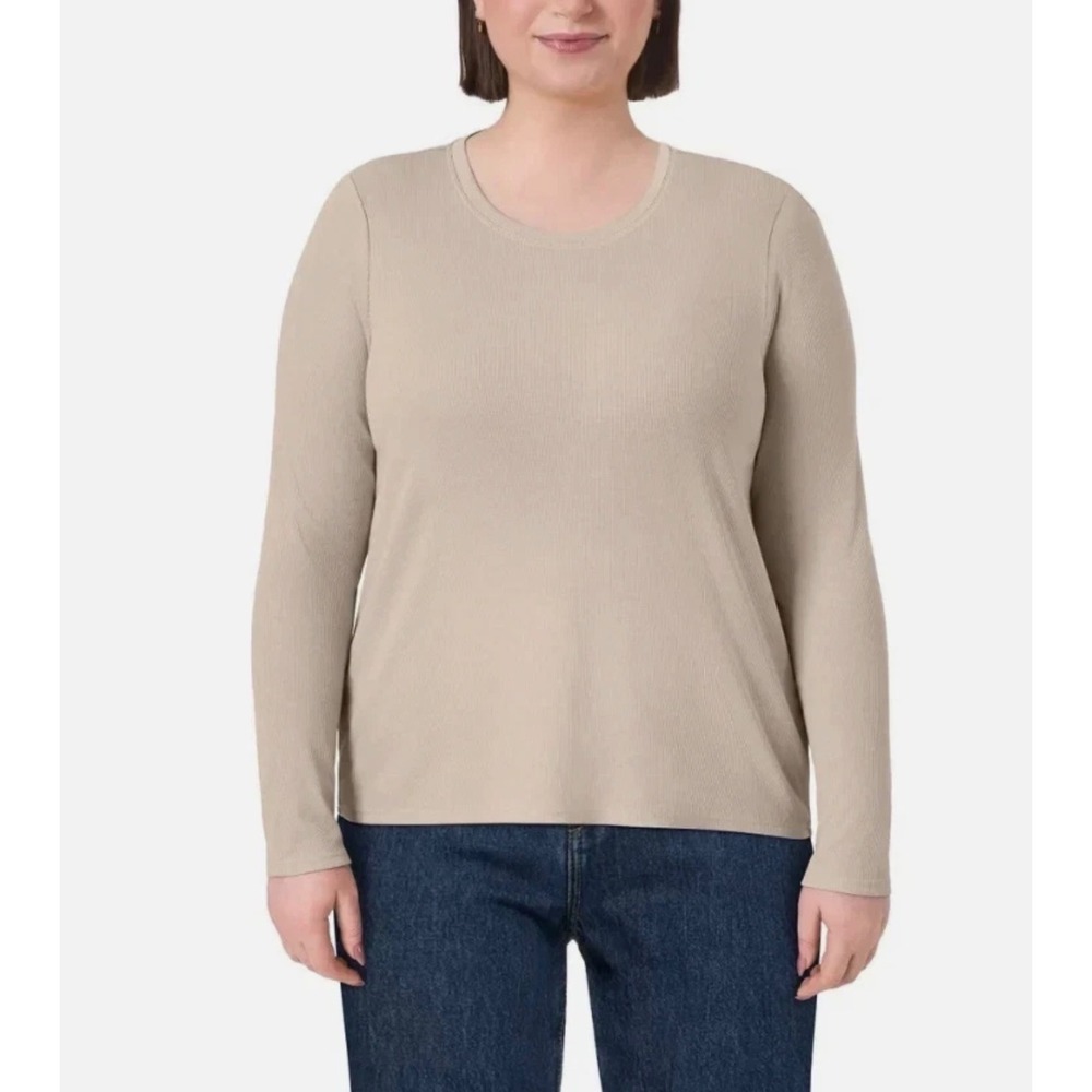 Mondetta Womens Tan Ribbed Long Sleeve Top XL Crew Neck Back Pleat Layering Base